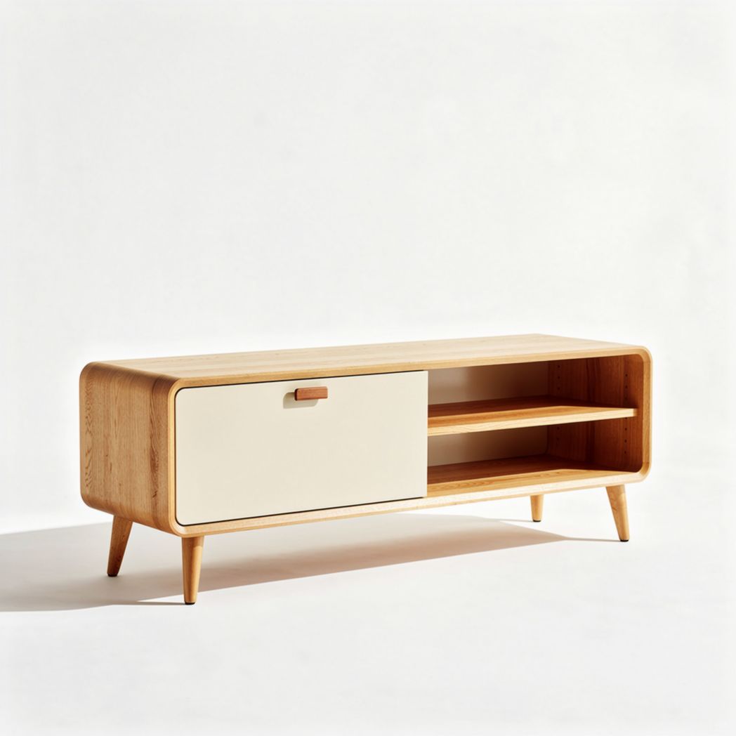 Wooden storage cabinet in natural finish with white sliding door 120 x 40 x 50cm