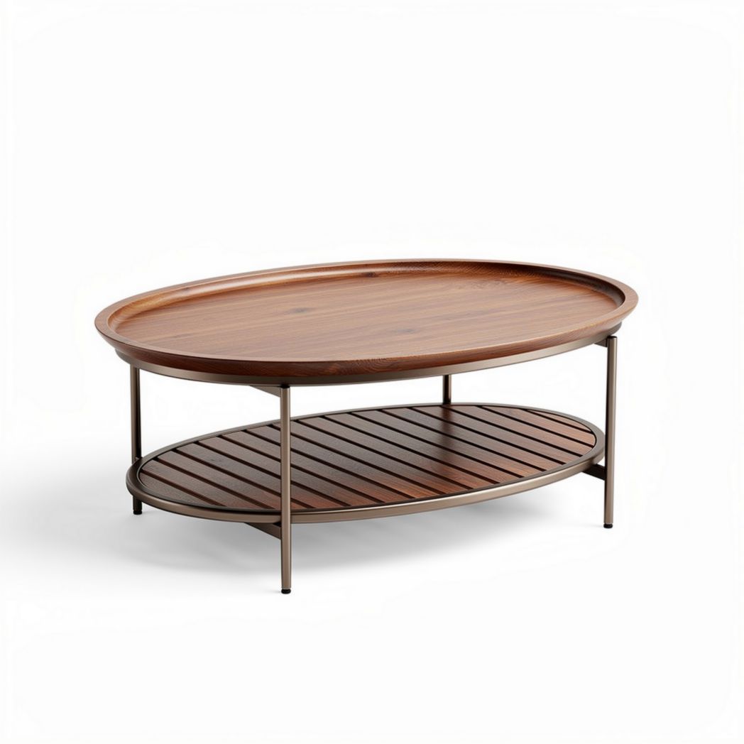 Oval wooden coffee table with metal frame and lower slatted shelf 100 x 60 x 40cm