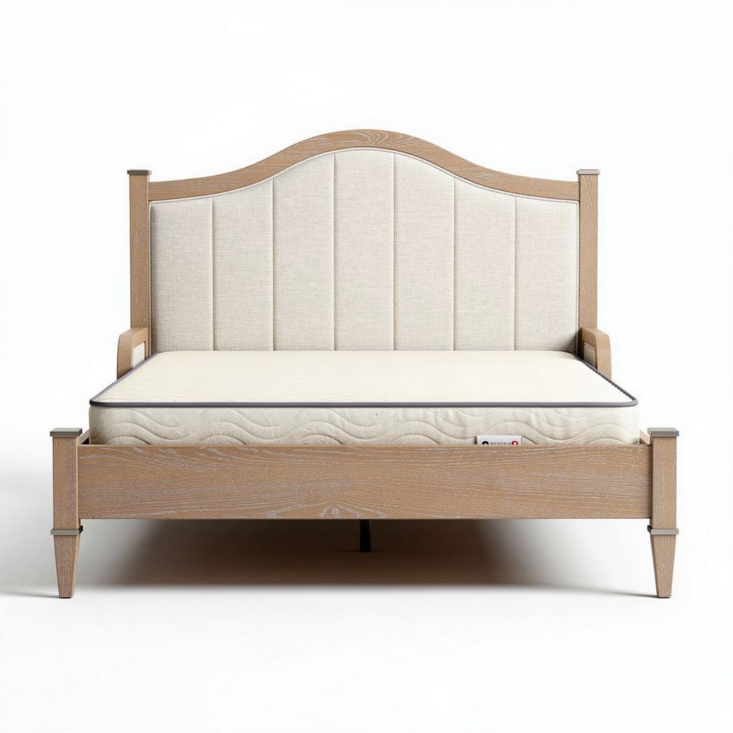 Upholstered platform bed with wooden frame and beige fabric headboard 200 x 160 x 100cm