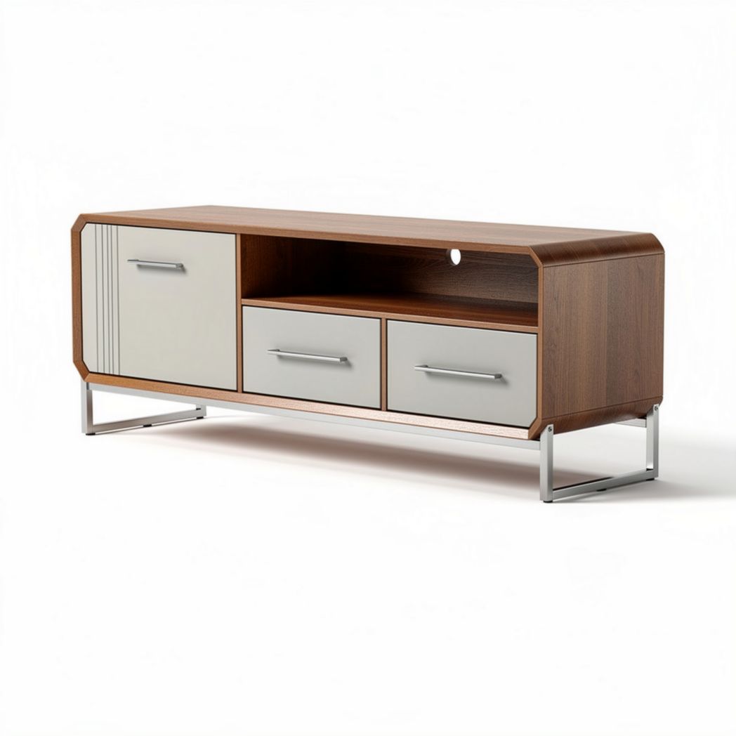 Wooden media console table with two drawers and side cabinet in white and brown 120 x 40 x 50cm