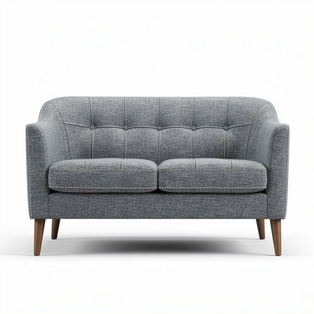 Two-seater gray upholstered sofa with tufted design and wooden legs 150 x 80 x 75cm