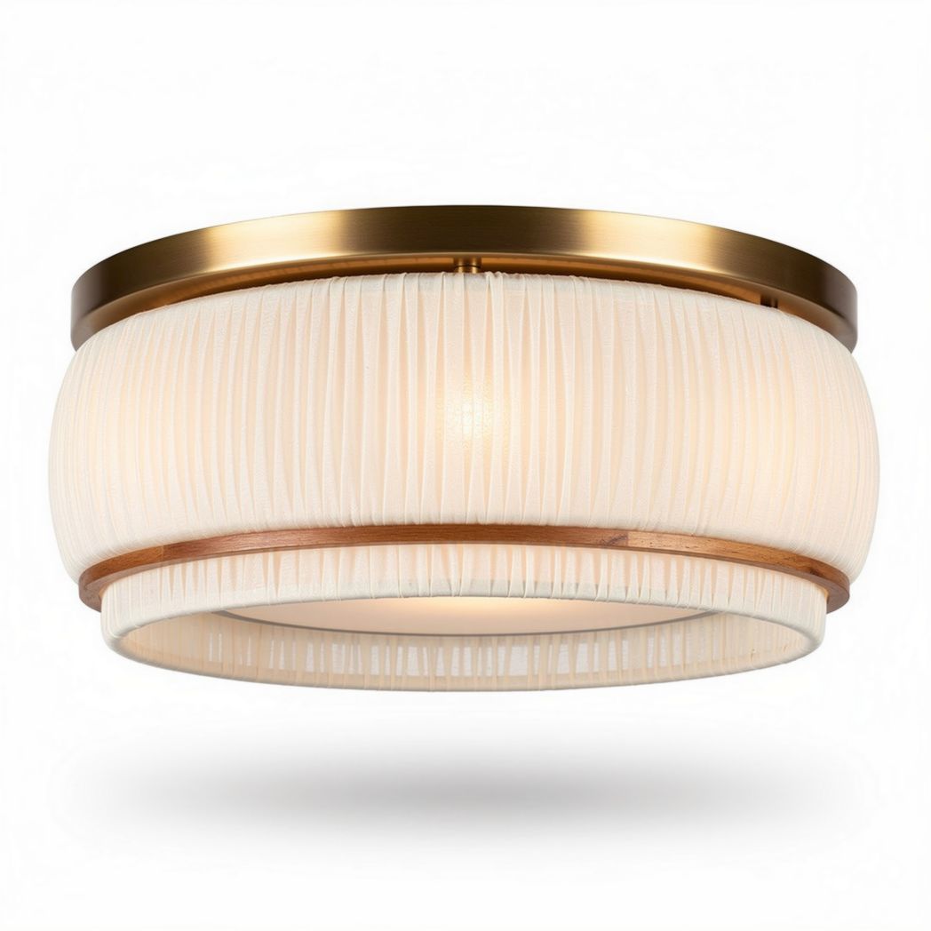 Modern flush mount ceiling light fixture with white pleated shade and brass accents 30 x 30 x 10cm