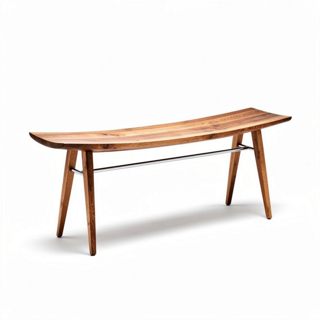 Wooden curved bench with metal support for entryway or living room 120 x 40 x 45cm