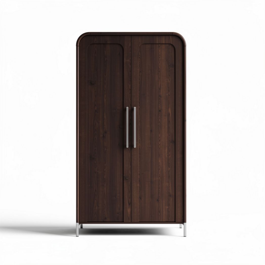 Wooden storage cabinet with sleek metal handles 180 x 90 x 50cm dark brown finish