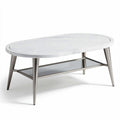 Marble coffee table with glass shelf and metal legs in oval shape