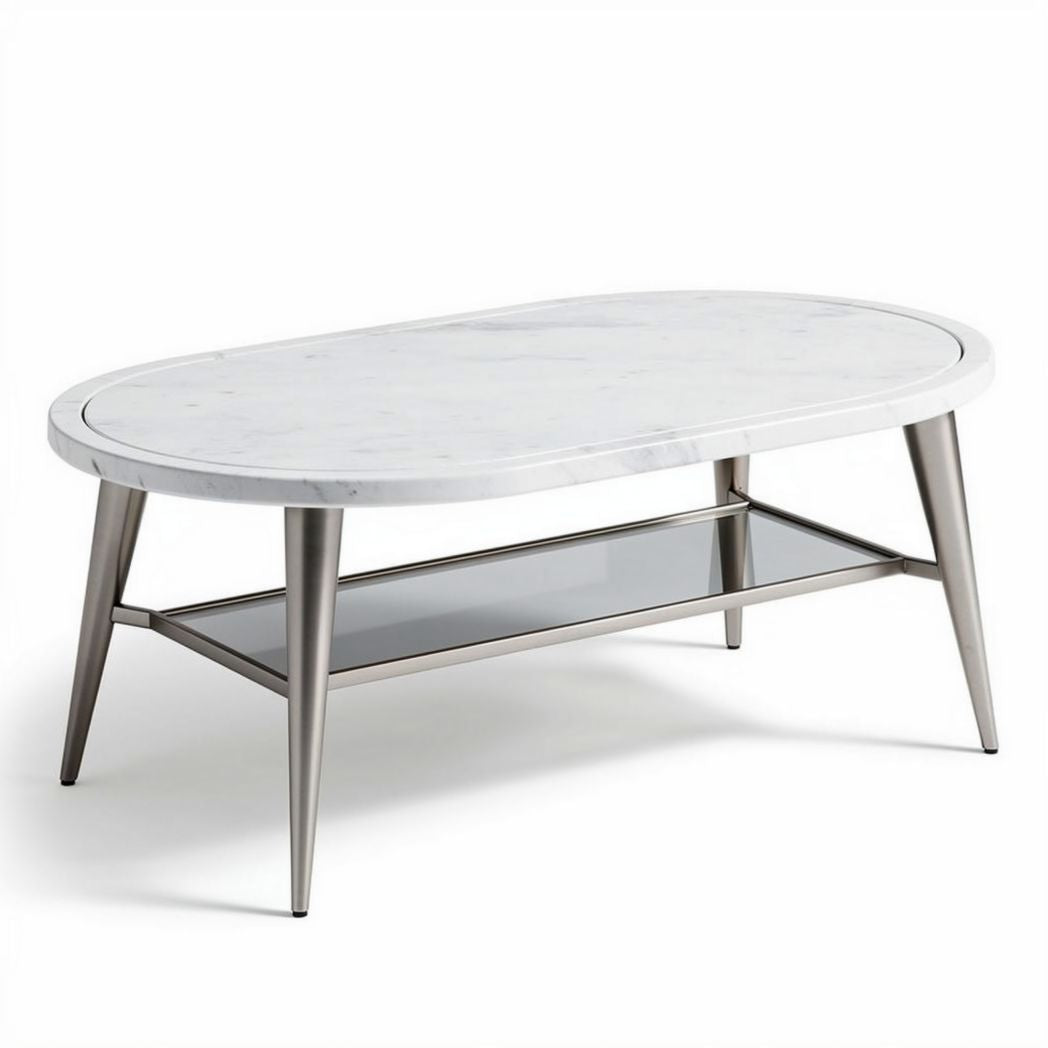 Marble coffee table with glass shelf and metal legs in oval shape