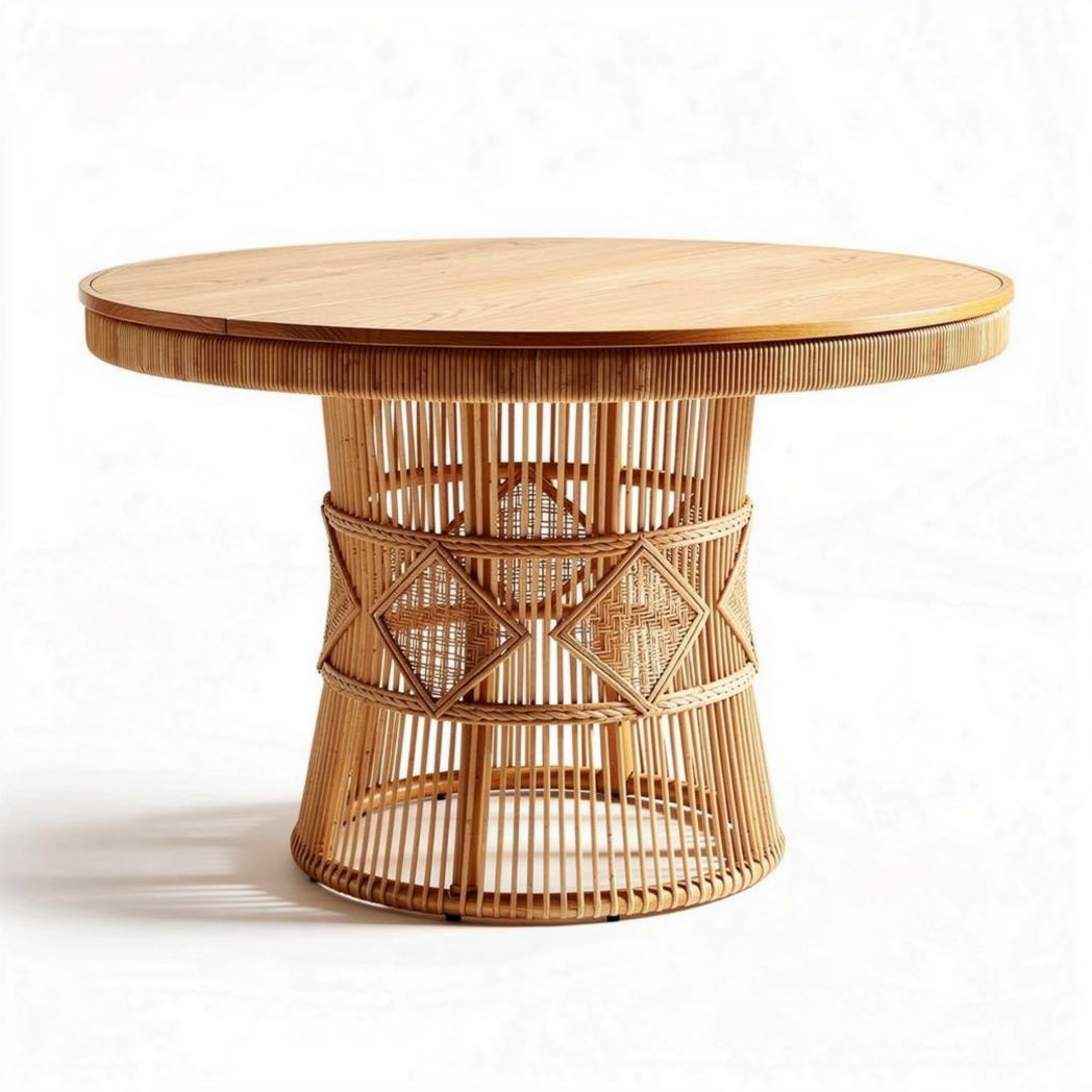 Rattan dining table with round wooden top and woven base 100 x 100 x 75cm