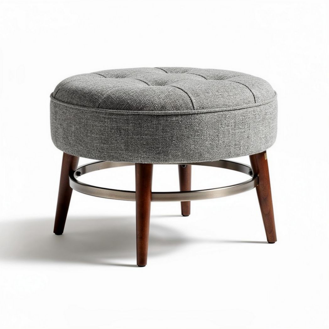 Round upholstered ottoman in gray fabric with wood legs 40 x 40 x 30cm