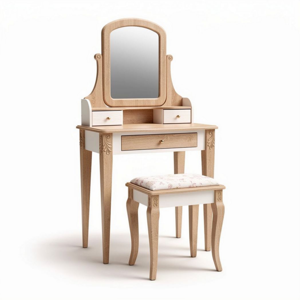 Wooden vanity set with mirror and cushioned stool in white and oak finish